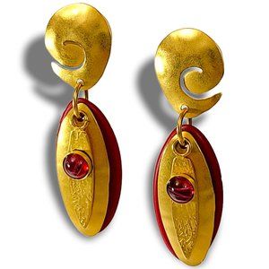 Drop Earrings BOHO Spiral Design Drop Layered Discs Red Stone Gold Tone